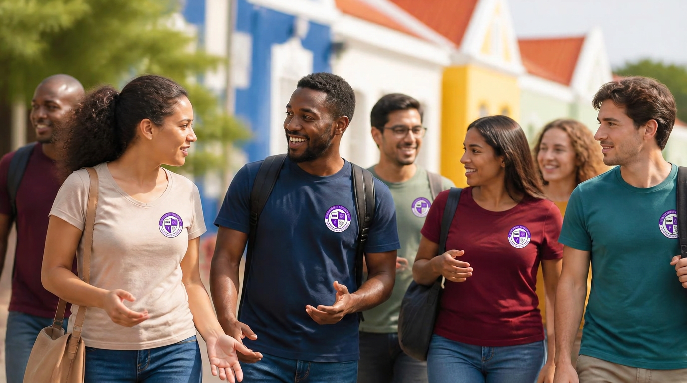 Students of many backgrounds walking together on campus in Willemstad, Curaçao